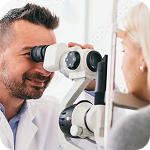 Optometrist uses equipment to check his patient’s vision 